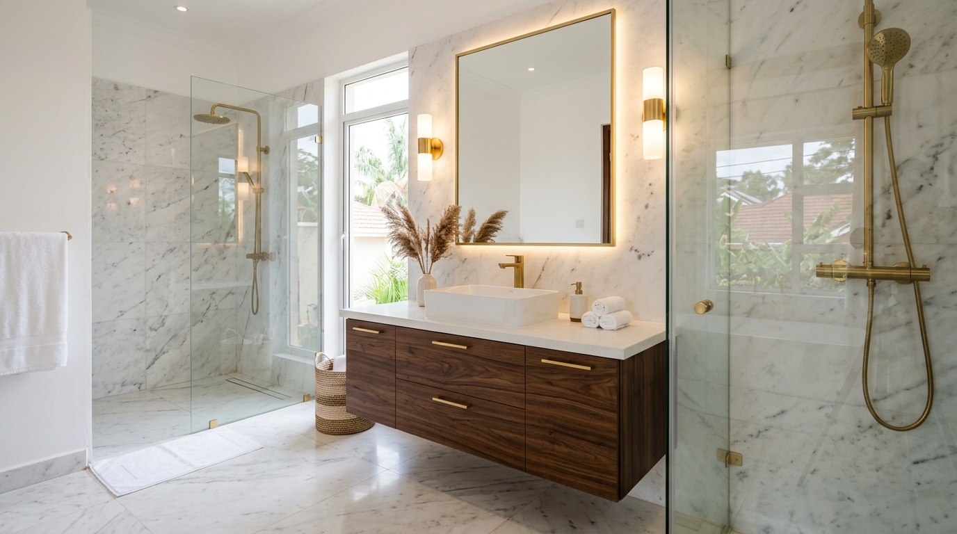 Modern floating bathroom vanity and large-format porcelain tiling
