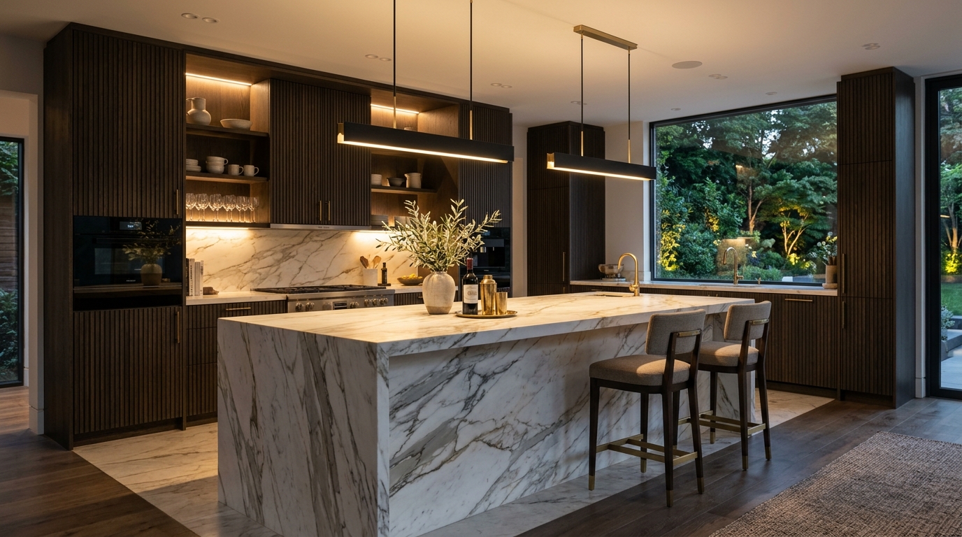 Bespoke luxury kitchen installation by WDI Design Studio with marble waterfall island and fluted oak cabinetry