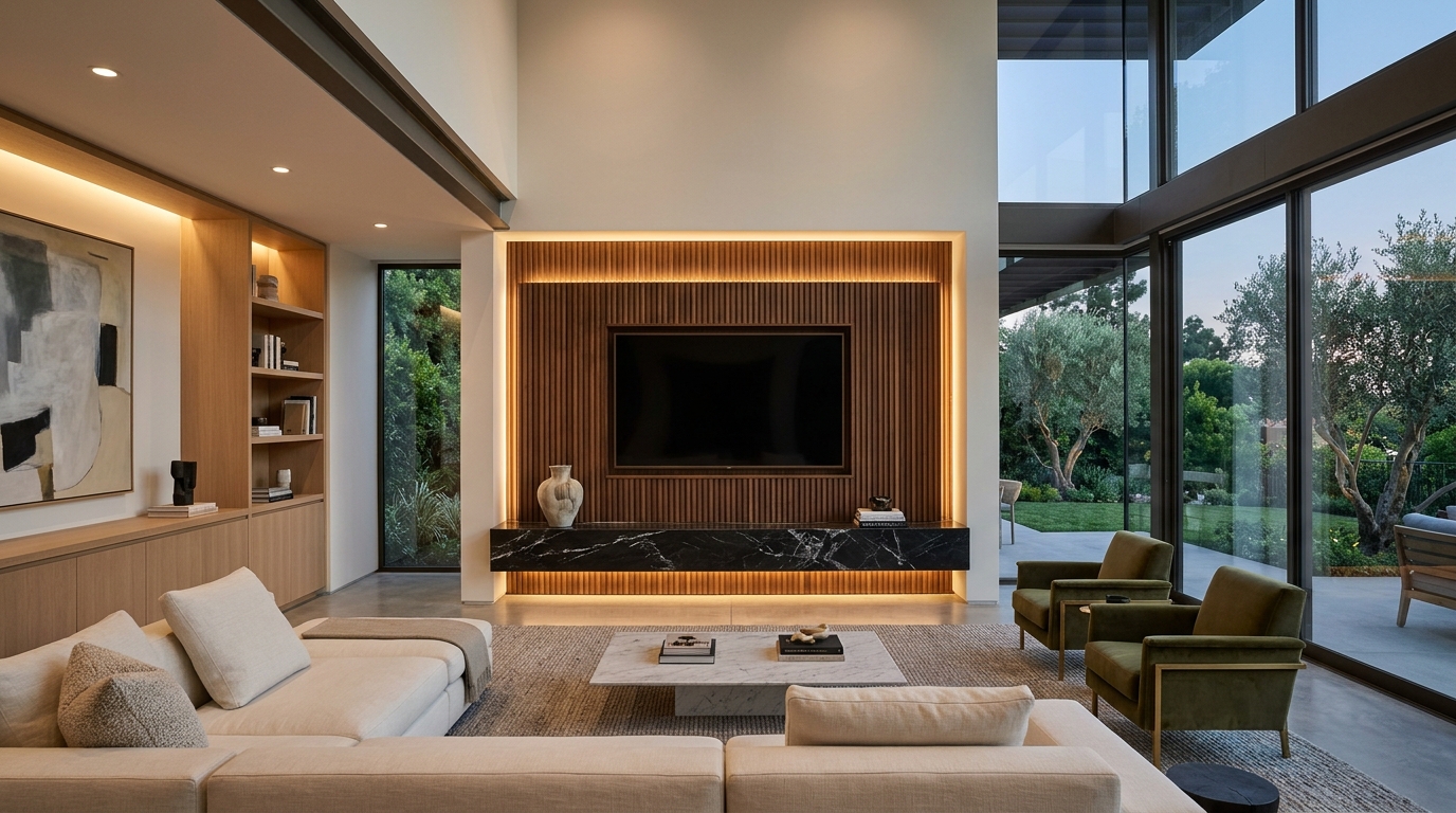 Architectural TV media wall and fluted timber joinery in Muthaiga Villa